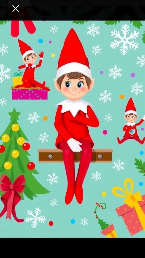 Festive wallpaper design with Elf on the Shelf illustrations and holiday decorations.